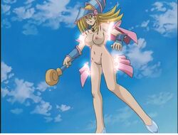 1girls anime_screencap belly blonde_hair blue_background blue_sky blush breasts busty cleft_of_venus dark_magician_girl detransformation disappearing_clothes dissolving_clothes edit exposed_breasts exposed_pussy exposed_torso floating gloves glowing green_eyes hat innie_pussy long_hair navel nude nude_female nude_filter pussy shoes sky staff vagina wardrobe_malfunction yu-gi-oh! yu-gi-oh!_duel_monsters