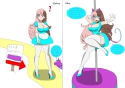 alice_in_wonderland alice_liddell_(cosplay) before_and_after blue_eyes blue_heels breasts brown_hair cat_bell cat_ears choker cleavage cosplay curious_cat_(rwby) dress gloves high_heels huge_breasts multicolored_hair neo_(rwby) pink_hair pole pole_dancing possessed possession public_domain rwby short_dress tail thighhighs twilight_jester