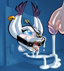 absurd_res anthro bdsm_gear bodily_fluids bondage bound cum digimon digimon_(species) domestic_cat felid feline felis female forced furry gag gatomon genital_fluids genitals hi_res male mammal nose_hook oddjuice open_mouth open_mouth_gag open_muzzle penis ring-gag ring_gag through_wall