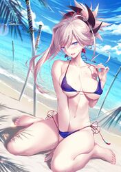 beach bikini fate/grand_order fate_(series) female hand_in_panties katana kousaki_rui large_breasts looking_at_viewer miyamoto_musashi_(fate) pink_nails tagme