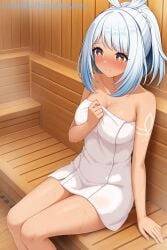 1girls ai_generated arm_tattoo bare_shoulders blue_hair blush braid breasts cleavage closed_mouth collarbone commentary_request dark-skinned_female dark_skin embarrassed female female_focus female_only genshin_impact medium_breasts mualani_(genshin_impact) naked_towel nose_blush rabbit_ears sauna sitting solo sweat tan tattoo towel wet white_hair white_towel wooden_wall zelanell