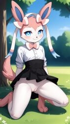 1girls 2025 ai_generated anthro blue_eyes blushing digitigrade eeveelution female female_only generation_6_pokemon hi_res innie_pussy kneeling looking_at_viewer mostly_clothed nintendo no_panties on_knees outdoors pink_fur pokemon pokemon_(species) pussy shirt skirt smile sylveon white_fur