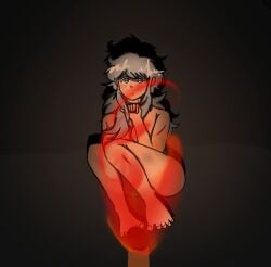 1girl blue_hair cave feet female female_only fire i_have_no_idea_what_i_just_draw looking_at_viewer lost_girl_(terraria) nude_female nymph_(terraria) terraria torch