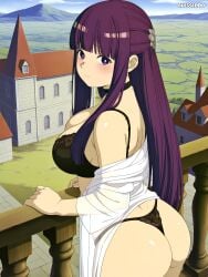 1girls ai_generated alternate_version_available ass back_view big_breasts blush bra breasts ecchi fern_(sousou_no_frieren) frieren_beyond_journey's_end long_hair looking_at_viewer looking_back panties purple_eyes purple_hair see-through_shirt sousou_no_frieren underwear watermark