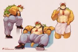 1boy anthro ass beard big_bulge big_pecs big_penis bottomwear bowser bubble_butt bulge clothing collar detailed_bulge facial_hair footwear genital_outline genitals hair hi_res horn huge_bulge huge_cock humanoid_genitalia humanoid_penis kawaakumma koopa male male_only mario_(series) muscular muscular_anthro nintendo pants pecs penis penis_outline red_hair reptile scales scalie shell shirt shoes short_tail sneakers solo spiked_collar spiked_shell spikes spikes_(anatomy) sweatpants tail tank_top thick_penis topwear towel towel_around_waist yellow_body yellow_scales