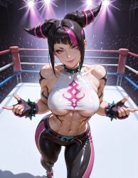 abs ai_generated asymmetrical_bangs bangs belt benj17 black_hair bracelet breasts capcom clothed collar collarbone crowd feet fighting_ring fingerless_gloves front_view gloves hair_horns halterneck head_tilt juri_han large_breasts latex_pants lipstick looking_at_viewer makeup midriff nail_polish navel pants pink_eyes pink_hair pink_lipstick pink_nails shiny_skin sidelocks smile spiked_bracelet spiked_collar spotlights standing streaked_hair street_fighter street_fighter_6 tattoo tight_clothing two_tone_hair underboob