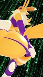 1girls armwear big_ass big_breasts canid digimon miniskirt pulling_panties renamon sloppydragons solo squatting tagme vrchat yellow_body