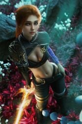 athletic athletic_female blush bra clair_obscur:_expedition_33 cloak cute freckles green_eyes light-skinned_female maelle medium_breasts midriff non-nude panties pants petite powers red_hair solo solo_female solo_focus sword taking_clothes_off therealzoh
