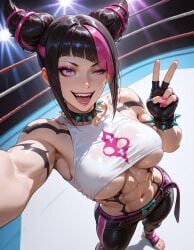 abs ai_generated asymmetrical_bangs bangs belt benj17 biceps black_hair black_pants bracelet capcom clothed collar feet fighting_ring fingerless_gloves gesture gloves hair_horns high-angle_view juri_han latex_pants lipstick makeup midriff muscular muscular_female nail_polish navel nipple_bulge open_mouth open_smile pants pink_eyes pink_hair pink_lipstick pink_nails selfie sidelocks smile spiked_bracelet spiked_collar spotlights streaked_hair street_fighter street_fighter_6 tattoo toenail_polish toes two_tone_hair underboob v