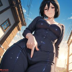 ai_generated attack_on_titan black_eyes black_hair black_shirt blue_sky breasts closed_mouth cloud collarbone day denim female from_below hair_between_eyes lips long_sleeves looking_at_viewer looking_down medium_breasts mikasa_ackerman outdoors pants power_lines shingeki_no_kyojin shirt short_hair sky smile solo