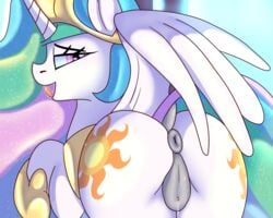 2018 alicorn animal_genitalia animal_pussy anus ass atmosseven bedroom_eyes blue_background clitoral_winking clitoris crown cutie_mark dock equine equine_pussy eyebrows eyelashes feathered_wings feathers female feral friendship_is_magic grey_pussy hair half-closed_eyes hi_res horn licking licking_lips long_hair looking_at_viewer looking_back mammal multicolored_hair my_little_pony nude open_mouth open_smile presenting presenting_hindquarters presenting_pussy princess_celestia_(mlp) puffy_anus purple_eyes pussy pussy_juice rainbow_hair raised_leg raised_tail rear_view royalty saliva seductive simple_background smile solo standing tongue tongue_out white_feathers wings