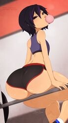 1girls 2018 asian ass big_ass big_hero_6 black_hair bra bubblegum crop_top dat_ass disney female female_only gogo_tomago looking_at_viewer looking_back marvel merunyaa rear_view shorts sitting sitting_on_barbell solo sweat two_tone_hair