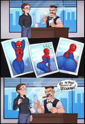 2boys aggressive ass barely_contained big_ass big_butt bodysuit bulge close-up clothed comic dialogue english_text fat_ass gay girly human human_only j_jonah_jameson male male_only marvel nipples_visible_through_clothing outdoors peter_parker pose presenting public shadman skimpy skimpy_clothes skin_tight skintight spider-man spider-man_(series) text thighs tight_clothing wide_hips yaoi