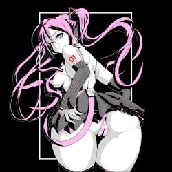 alternate_version_available back_view flashing flashing_panties hand_on_ass hatsune_miku legwear long_hair looking_at_viewer looking_back looking_back_at_viewer oni_milk panties pink_eyes pink_hair presenting presenting_hindquarters sakura_miku smile stockings striped_panties teenager thick_thighs twintails upskirt vocaloid