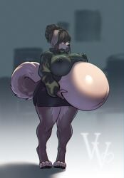 absurd_res anthro belly belly_overhang big_belly bodily_fluids boss_and_employee bottomwear breasts canid canine canis clothed clothing domestic_dog female hi_res huge_belly husky hyper hyper_belly lactating lactating_through_clothing mammal milk miniskirt nordic_sled_dog office partially_clothed paws pregnant pregnant_anthro pregnant_female public public_exposure skirt solo spitz sweater topwear vawentine wet wet_clothing