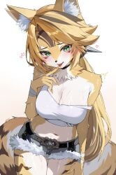 2025 absurd_res anthro arm_tuft belt big_breasts blonde_hair bodily_fluids bottomwear breasts choker clothed clothing crop_top denim denim_bottomwear denim_clothing denim_shorts eyebrows eyelashes felid feline felis female fur glistening glistening_body glistening_breasts green_eyes hair hand_on_leg hand_on_thigh heart_symbol hi_res inner_ear_fluff jewelry kkato mammal midriff mihoyo navel neck_tuft necklace off_shoulder pulchra_fellini saliva shirt shorts shoulder_tuft solo sweat thigh_gap thiren tongue tongue_out topwear tuft white_body white_fur wraps wrist_wraps yellow_body yellow_fur zenless_zone_zero