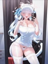 +_+ 3d :3 :d absurd_res ahoge ai_generated animal_ear_hairband animal_ears aqua_ribbon bare_shoulders black_bow black_eyes blue_bow blue_eyes blue_hair blue_ribbon blunt_bangs blush bow bow_earrings bow_hairband bow_panties braided_hair_rings breasts cat_ears cat_girl cat_tail cellphone chest_of_drawers cleavage collarbone colored_eyelashes contrapposto couch covered_navel cowboy_shot curtains drawer earrings facial_mark fake_animal_ears fake_tail fangs female fingernails frilled_panties frills grey_eyes grey_hair groin hair_ornament hair_ribbon hair_rings hairband hairbow hand_up hands_up heart heart-shaped_pupils heart_earrings heart_facial_mark heart_in_eye holding holding_phone indoors jewelry jinhsi_(wuthering_waves) large_breasts light_blue_hair long_hair looking_at_mirror looking_at_phone looking_at_viewer low_twintails lowleg lowleg_panties medium_breasts ministro mirror mole mole_on_breast mole_on_thigh mole_under_eye multicolored_eyes navel no_bra no_pants oerba_yun_fang off-shoulder_shirt off_shoulder open_mouth panties phone picture_frame reflection ribbon see-through selfie shirt short_sleeves sidelocks single_bare_shoulder skin_fang skindentation smartphone smile solo standing string_panties symbol-shaped_pupils symbol_in_eye t-shirt tagme tail tail_raised taking_picture taut_shirt thighhighs thighs twintails underwear v very_long_hair w wavy_hair whisker_markings whiskers white_eyes white_hair white_hairband white_panties white_shirt white_thighhighs wuthering_waves