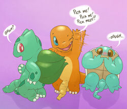 2018 3_toes 3boys argon_vile armpits balls belly blue_eyes blue_skin blush brown_eyes bulbasaur charmander claws dialogue digital_media_(artwork) english_text fangs feet foreskin green_skin group humanoid_penis hyper_foreskin kneeling long_foreskin looking_at_viewer looking_back male male_only motion_blur nintendo no_nipples nude open_mouth open_smile orange_skin penis pokémon_(species) pokemon pokemon_(species) pokemon_rgby purple_background red_eyes scalie shell shy sitting smile squirtle standing tail take_your_pick talking_to_viewer teeth testicles text tongue uncircumcised uncut unretracted_foreskin video_games waving wink