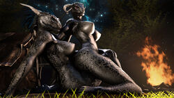 3d argonian ass big_breasts breasts campfire camping clothed clothing duo feathers female fire horn muetank night nipples nude open_mouth outside reptile scalie skyrim source_filmmaker tent the_elder_scrolls topless video_games yuri