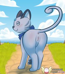 alolan_form alolan_persian anus beach blue_sky blush body_blush cloud detailed_background digital_media_(artwork) english_text felid feline female feral forehead_gem fur gem generation_7_pokemon genitals grass grey_body grey_fur half-closed_eyes hi_res kerchief kerchief_only looking_at_viewer looking_back mammal narrowed_eyes nintendo outside plant pokemon pokemon_(species) pokemon_mystery_dungeon pussy pussy_blush raised_tail regional_form_(pokemon) rymherdier sea sky smile solo spike_chunsoft tail text water