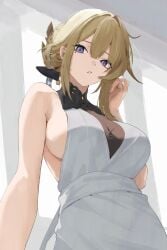 :o armpit_crease blonde_hair blunt_bangs breasts clisapex dress evelyn_chevalier female hair_between_eyes highres large_breasts looking_at_viewer mole mole_under_eye purple_eyes sideboob sideless_dress solo white_dress zenless_zone_zero