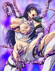 1girls arms_behind_back blue_eyes blush bodysuit breast_grab breasts breasts_out clothing erect_nipples gauntlets grabbing huge_breasts iijima_hiroya imminent_sex interspecies large_breasts leg_up lilith_mist long_hair looking_away looking_to_the_side navel nipple_penetration nipple_tweak nipples no_bra open_mouth purple_hair restrained shion_(shion) shion_doll-007 shion_~zankoku_na_mahou_no_tenshi~ slimy spread_legs tears tentacle tentacles tentacles_under_clothes tongue torn_bodysuit torn_clothes white_bodysuit