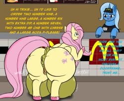 big_ass big_breasts crotchboobs dialogue employee_uniform equine_genitalia equine_pussy fat_ass female_only fluttershy_(mlp) horse_pussy mare mcdonald's my_little_pony pink_hair star-fiend trixie_(mlp) white_hair wide_ass