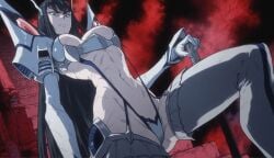 absurdres ai_assisted black_hair blue_eyes breasts breasts_apart dsp female from_below gloves highres kamui_(kill_la_kill) kill_la_kill kiryuuin_satsuki knee_up large_breasts long_hair looking_down navel planted planted_sword revealing_clothes self-upload serious solo suspenders sword thighhighs very_long_hair wai-nsfw-illustrious-sdxl weapon