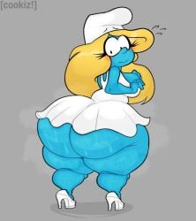ass blonde_hair blue_skin cookizalt00 cookizzz222 dress female hat high_heels huge_ass looking_back musk_clouds smurfette sweaty_butt the_smurfs