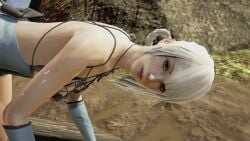 16:9 16:9_aspect_ratio 3d after_sex bare_shoulders breasts breasts breasts cum cum_on_body erect_nipples female_focus kaine_(nier) light-skinned light-skinned_female light_skin looking_at_viewer nier nier:_automata nipples outdoors partially_clothed semen semen_on_body shoulders video_game video_game_character video_game_franchise white_hair