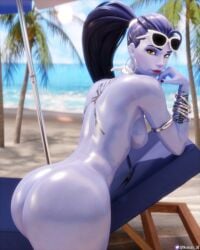 1girls 3d absurd_res ass back_view beach big_ass breasts female female_only hi_res highres nemesis_3d overwatch shiny_skin sideboob sunglasses sunglasses_on_head tattoo thick_thighs thighs widowmaker