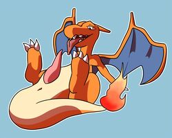 1boy animal_genitalia animal_penis anus ass big_ass big_feet big_penis black_eyes blue_background blue_skin charizard claws digital_media_(artwork) dragon erection fangs feet feral fire legs_up long_neck looking_away male male_only nintendo nude on_back open_mouth orange_skin penis pokémon_(species) pokemon pokemon_(species) pokemon_rgby scalie simple_background smile soles solo soot_in_suit tail tapering_penis teeth thick_thighs tongue tongue_out video_games white_border wide_hips wings