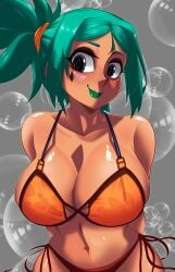 1girls arms_behind_back breasts cerebella curvy dark_skin female gray_eyes green_eyes green_lipstick lingerie orange_bra orange_panties skullgirls smiling smug solo_female solo_focus staring_at_viewer thighs vicdezart voluptuous voluptuous_female
