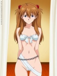 ai_generated asuka_langley_sohryu asuka_langley_soryu blue_eyes brown_hair cameltoe chain_belt female female_only german_japanese hands_behind_back hourglass_figure looking_at_viewer naostudio neon_genesis_evangelion nsfw plugsuit_pilot red_hair sas simple_background solo strapless_shirt strapless_top tsundere wrappings