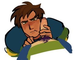 2boys age_difference alex_mullner blushing foreskin gay gay_sex green_eyes happy_trail male male_only penis penis_on_face point_of_view pubic_hair shane_(stardew_valley) stardew_valley sweat uncircumcised