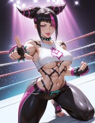 abs ai_generated asymmetrical_bangs bangs belt benj17 black_hair black_pants bracelet breasts capcom clenched_fist clenched_hand crowd feet fighting_ring fingerless_gloves gesture gloves hair_horns halterneck juri_han kneeling large_breasts latex_pants looking_at_viewer midriff muscular muscular_female nail_polish navel pants pink_eyes pink_hair pink_nails pointing sidelocks smile spiked_bracelet spotlights stirrup_legwear streaked_hair street_fighter street_fighter_6 tattoo thick_thighs tight_clothing toenail_polish toes tongue tongue_out two_tone_hair underboob