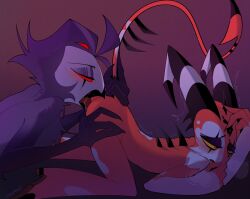 2boys 2d analingus ass avian avian_demon beak bird blitzo_(helluva_boss) blush demon demon_horns demon_tail eating_ass gay grab_the_butt grabbing_tail half-closed_eyes helluva_boss horns imp licking licking_anus licking_ass male male_only nude nude_male pleasure_face red_body rimming rimming_male stolas_(helluva_boss) tongue tongue_in_anus vanhhopint vivienne_medrano yaoi