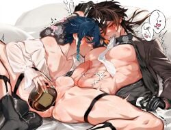 2boys abs absurdres alternate_costume anal anal_object_insertion androgynous ass black_gloves black_shirt black_socks blush braid brown_hair closed_eyes erection eyeliner genshin_impact glans gloves gradient_hair green_eyes hair_between_eyes heart highres holding hwan_(mob_hwan) licking licking_nipple long_hair long_sleeves makeup male_focus male_penetrated mouth_hold multicolored_hair multiple_boys muscular muscular_male musical_note navel necktie necktie_in_mouth nipple_stimulation nipples object_insertion otoko_no_ko pectorals penis pillow precum precum_drip saliva saliva_on_nipples shirt short_hair_with_long_locks simple_background socks spread_legs sucking_male_nipple suit sweat trembling twin_braids venti_(genshin_impact) white_necktie white_shirt yaoi zhongli_(genshin_impact)