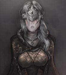 blush breasts capelet clothed clothed_female covered_eyes dark_souls dark_souls_3 dress erect_nipples eye_mask female fire_keeper fromsoftware grey_hair looking_at_viewer mask open_mouth ornate_clothing snowyfeline tight_clothing