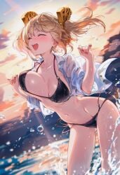 ai_generated beach bikini burnice_white closed_eyes cloudy_sky curvy_body curvy_female curvy_figure female happy_female having_fun jiggling_breasts raaicave sky_background sunset zenless_zone_zero