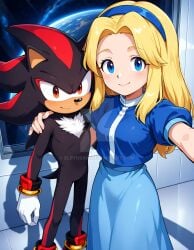 2025 ai_generated blonde_eyebrows blonde_female blonde_girl blonde_hair_female blue_dress blue_eyes blue_hairband deviantart elryusam hedgehog hedgehog_boy hedgehog_ears hedgehog_tail holding_camera holding_viewer looking_at_viewer maria_robotnik meta not_porn orange_cheeks orange_eyes sega selfie selfie_pose selfies shadow_the_hedgehog smile_at_viewer smiling_at_viewer sonic_(series) sonic_the_hedgehog_(series)