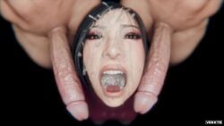 1girls 2boys 3d ada_wong asian asian_female black_hair bukkake capcom cum cum_in_mouth cum_on_face erection female gokkun high-angle_view huge_cock male mmf_threesome open_mouth penis resident_evil threesome veiny_penis vekkte