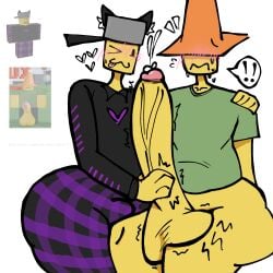2boys :3 battr big_balls blush bulge cat_ears cone_hat coneguy_(onyxsplash) covered_eyes crossover fanart fat_ass gay heart hyper_penis leo_(utrenkl) male mischevious nervous no_pants plump reference_image roblox robloxian self_upload stroking_penis sweating text traffic_cone utrenkl_moment white_background yellow_skin