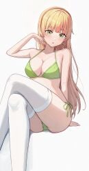 adjusting_hair arm_support armpits ass_visible_through_thighs bare_arms bare_shoulders big_breasts bikini blonde_hair blush breasts chideno cleavage collarbone crossed_legs female green_bikini green_eyes hairband hand_up heanna_sumire long_hair love_live! love_live!_superstar!! parted_lips side-tie_bikini_bottom thighhighs thighs white_thighhighs