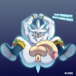 anthro anus ass balls big_balls big_penis dialogue genitals hellpasser hi_res huge_balls huge_cock hyper hyper_balls hyper_genitalia hyper_penis male muscular muscular_male nipples penis puffy_anus sega silver_the_hedgehog solo sonic_the_hedgehog_(series) telekinesis