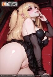 ai_generated ass bangs bare_shoulders black_dress blonde_hair blunt_bangs blush breasts bridal_gauntlets choker couch detached_sleeves dollmaker dress eyebrows_visible_through_hair female finger_to_mouth half-closed_eyes hand_on_own_cheek hand_on_own_face indoors lips long_hair looking_at_viewer lying makeup medium_breasts nail_polish no_panties patreon_username pussy red_eyes smile solo tagme thighs two_side_up