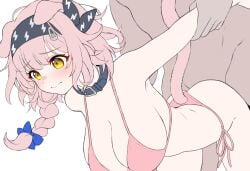 1boy absurdres animal_ears arknights belt_collar bikini black_hairband blush braid breasts cat_ears cat_girl cat_tail cleavage closed_mouth collar commentary completely_nude daram_(shappydude) doggy_style female flat_color goldenglow_(arknights) grabbing_another's_arm grabbing_from_behind hairband highres large_breasts long_hair nude pink_bikini pink_hair revision sex sex_from_behind simple_background single_braid straight swimsuit tail unfinished white_background yellow_eyes