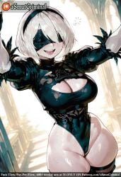 ai_generated asmutcriminal black_blindfold black_hairband black_legwear blindfold boots breasts cleavage cleavage_cutout clothing_cutout cowboy_shot facing_viewer feather-trimmed_sleeves feather_trim female gloves hairband highleg highleg_leotard juliet_sleeves katana leotard long_sleeves medium_breasts mole mole_under_mouth open_mouth puffy_sleeves short_hair silver_hair skindentation solo sword tagme thick_thighs thigh_boots thighhighs thighhighs_under_boots thighs thong_leotard torn_clothes torn_leotard tree vambraces white_hair white_leotard yorha_no._2_type_b