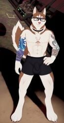 brown_fur bulge collar furry glasses husky male male_only screenshot_edit tail tattoo underwear vtuber white_fur