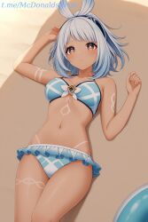 1female 1girl 1girls ai_generated arm_up bare_arms bare_shoulders beach bikini blue_bikini blue_hair blush body_markings breasts brown_eyes closed_mouth commentary_request dark-skinned_female dark_skin female female_focus female_only frilled_bikini frills genshin_impact hairband looking_at_viewer lying medium_breasts medium_hair mualani_(genshin_impact) navel on_back sand short_hair solo stomach straight swimsuit tan tanlines tattoo thighs white_hair zelanell